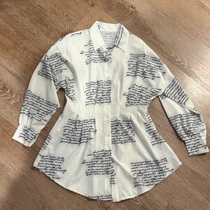 White Script Print Button-Up Dress or Oversized Shirt